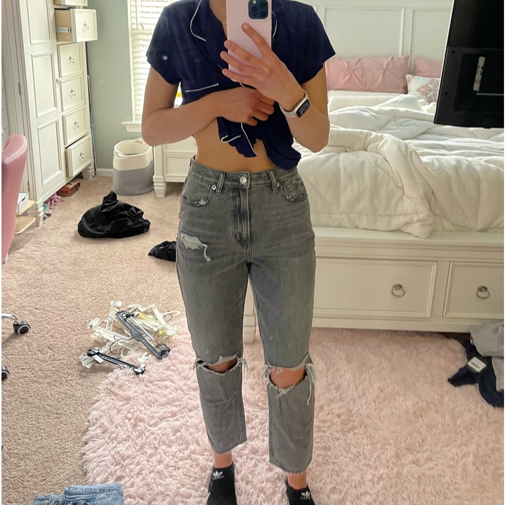 AE grey ripped mom jeans